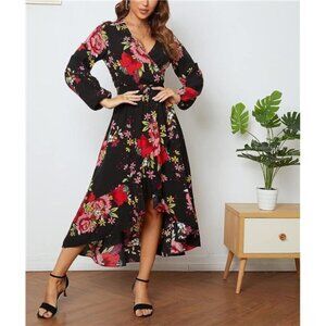 Black Floral Print High Low V-Neck Flowy A-Line‎ Long Sleeve Long Midi Dress